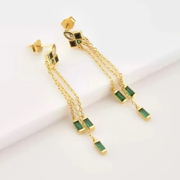 GOLD PLATED STERLING SILVER ART DECO MID CENTURY MODERN EMERALD ONYX DANGLE - Picture 10 of 10